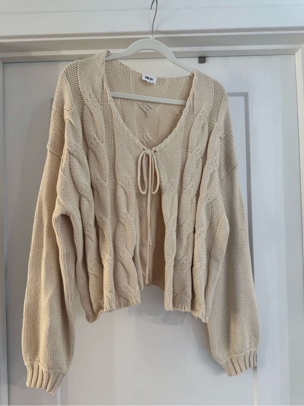 Beige Tie-Front Cable Knit Sweater